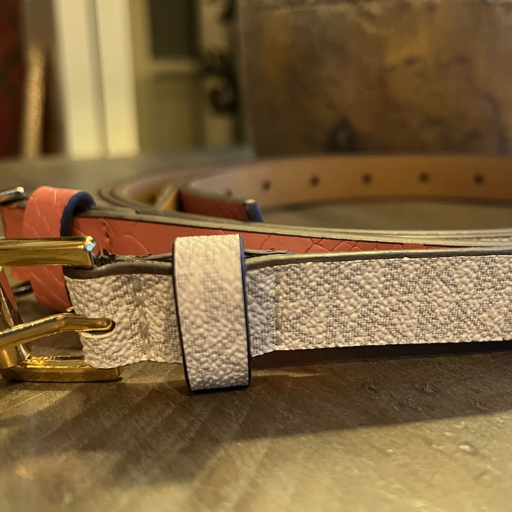Michael Kors Pink Embossed Snakeskin & White/Gray Monogram Belts Set of 2, Sz XL - Picture 3 of 9